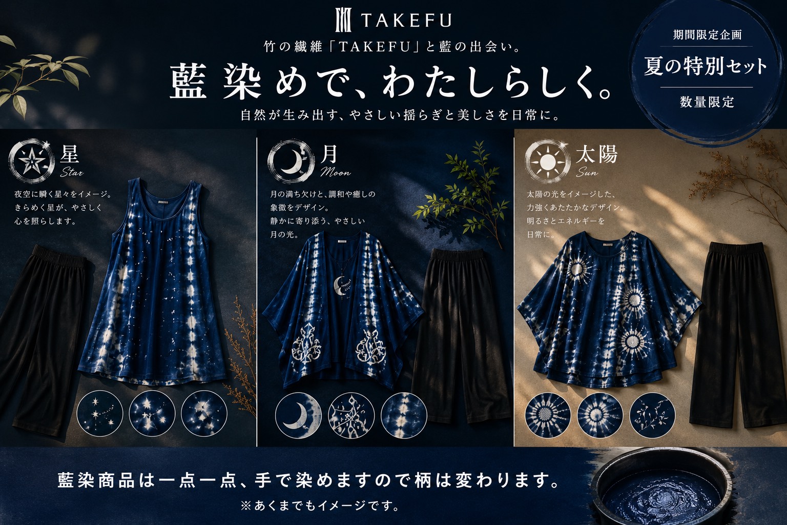 星・月・太陽の3モチーフ 藍染セット一覧