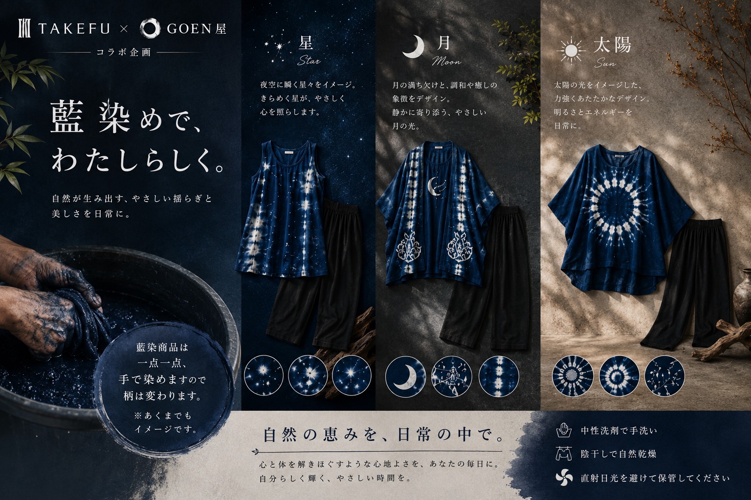 TAKEFU × GOEN屋 藍染の手染め工程とお手入れの目安